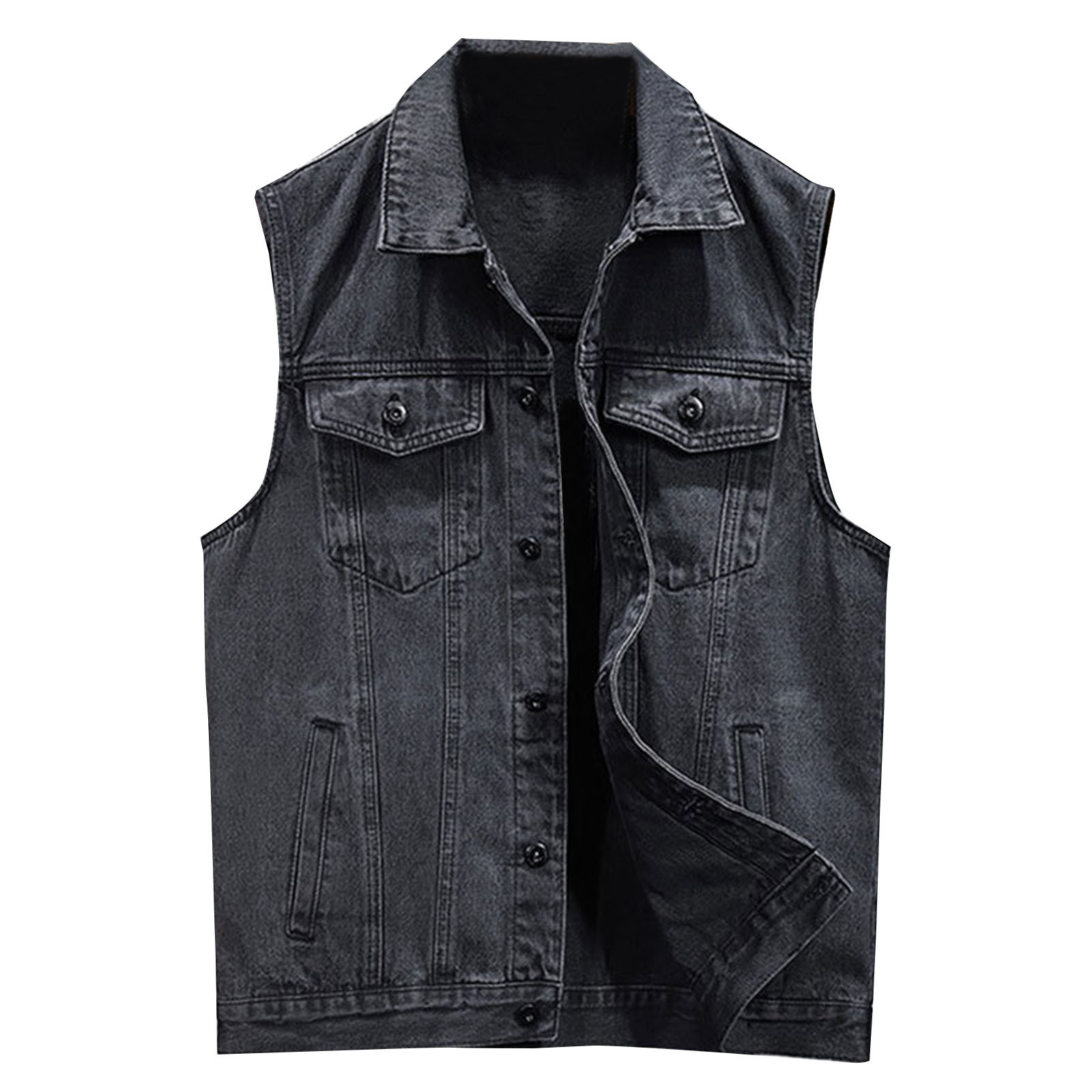 Men's Denim Vest Sleeveless Jacket Button Down Lapel Vintage Casual Ripped Summer Jean Vest with Pockets